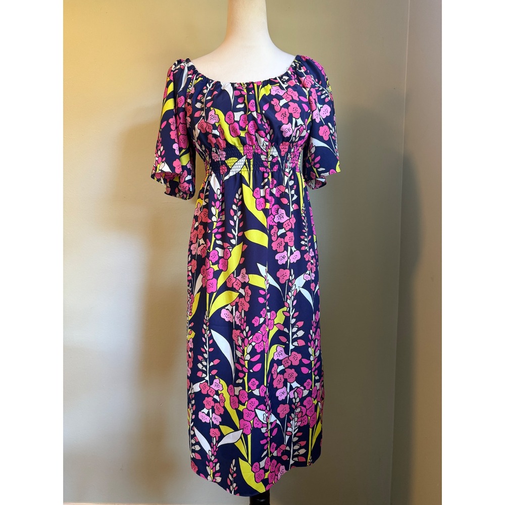 Trina Turk Floral S Midi Dress Navy Pink Yellow prppy resort beach dainty boho y